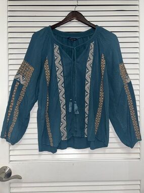 American Eagle Outfitters Teal Embroidered Peasant Top with Tassel Tie